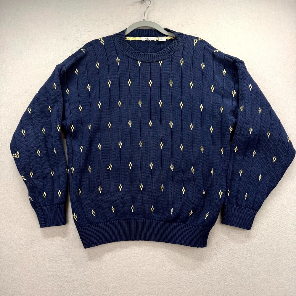 Vintage Claiborne Sweater Mens Large Blue Geometric Chunky Cable Knit Crew USA